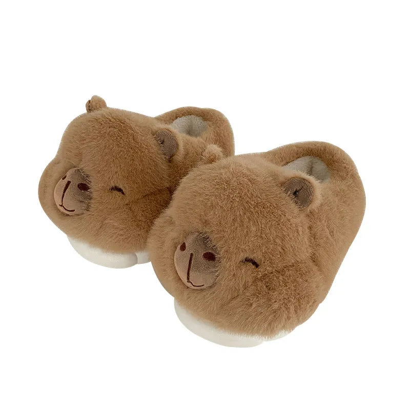 Light brown women's winter slippers with cartoon pattern and artificial wool lining