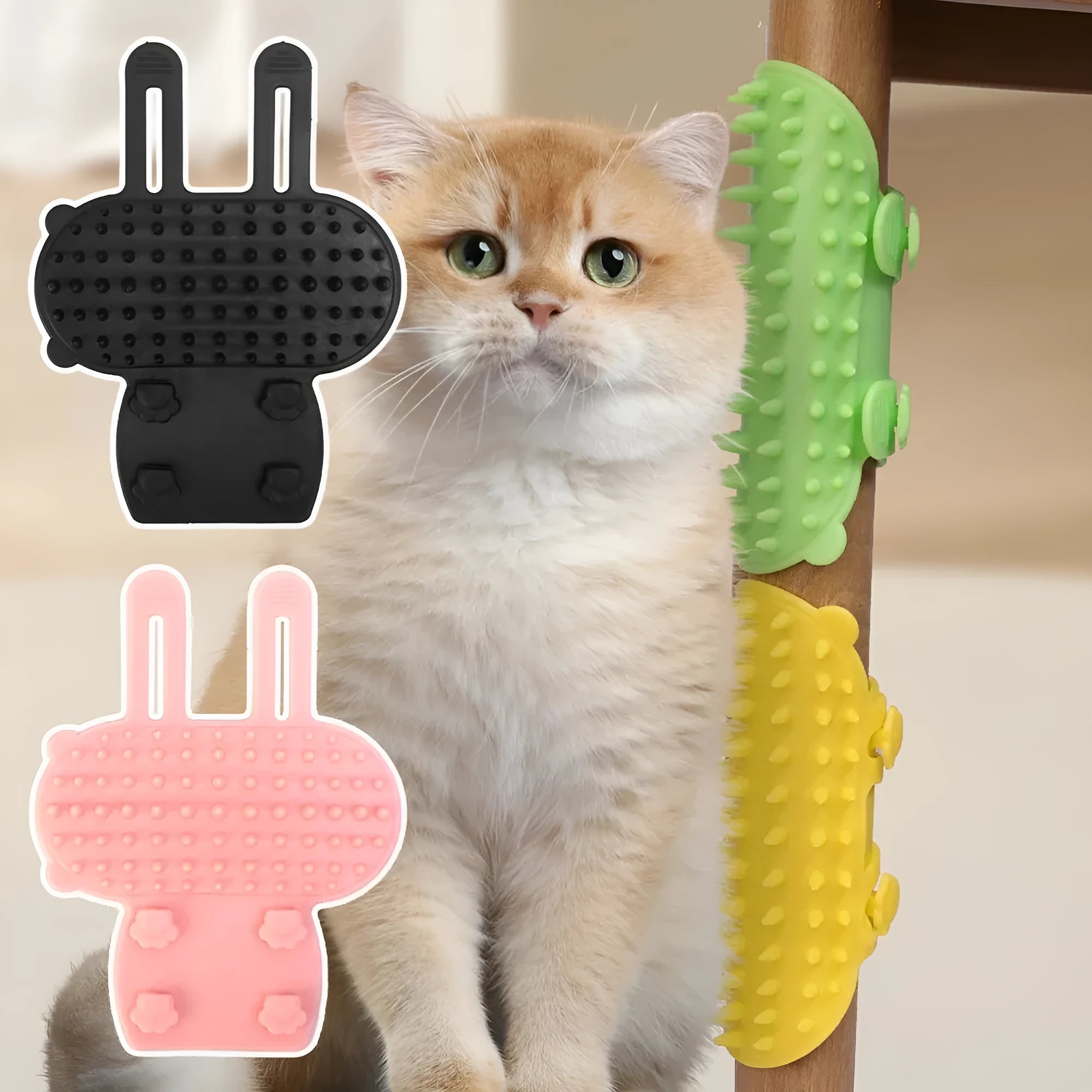 Silicone cat grooming comb scratcher with adjustable strap mounted on a table leg