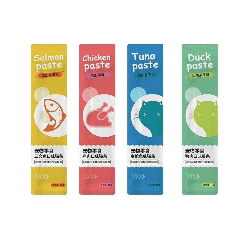 Pack of 10 low-fat cat snack strips in four flavour varieties for kittens.