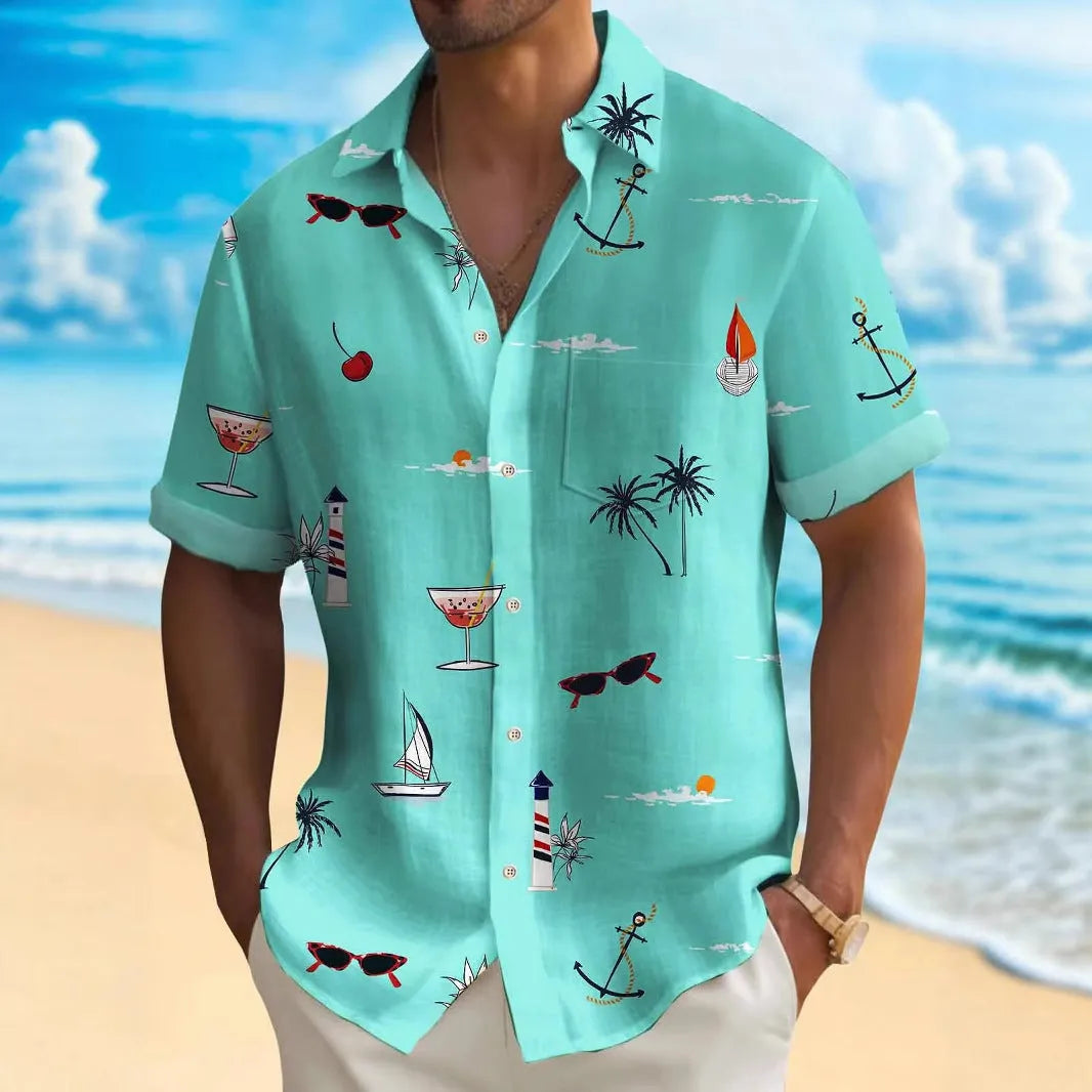 Men's loose fit Hawaiian shirt with digital print pattern in polyester fabric.