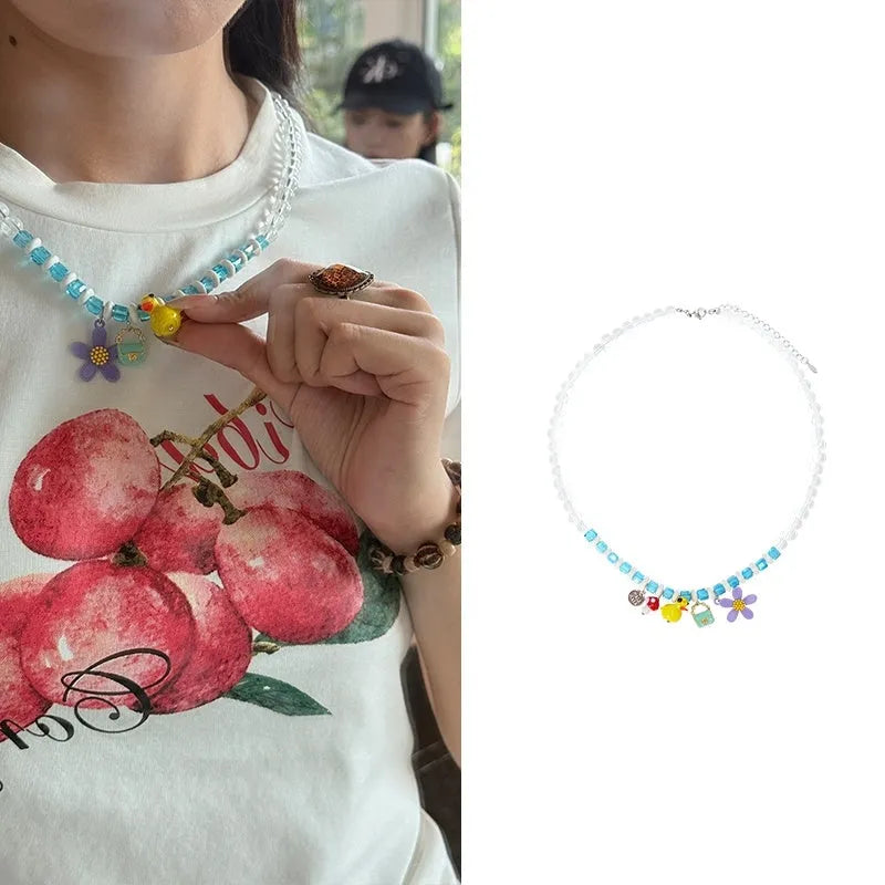 Beaded pendant necklace clavicle chain green apple green colour alloy resin colourful little flower option vacation style