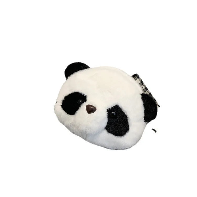 Plush panda head crossbody bag with cylindrical shape and sandwich pocket design