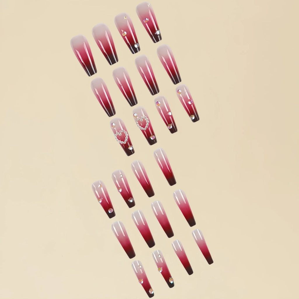 Wine red gradient plaid false nail tips with pearl heart detail in long ballet style