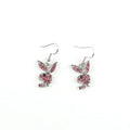 A pair of cartoon rabbit stud earrings with a full diamond design, shown in gold, pink, and silver colour options.