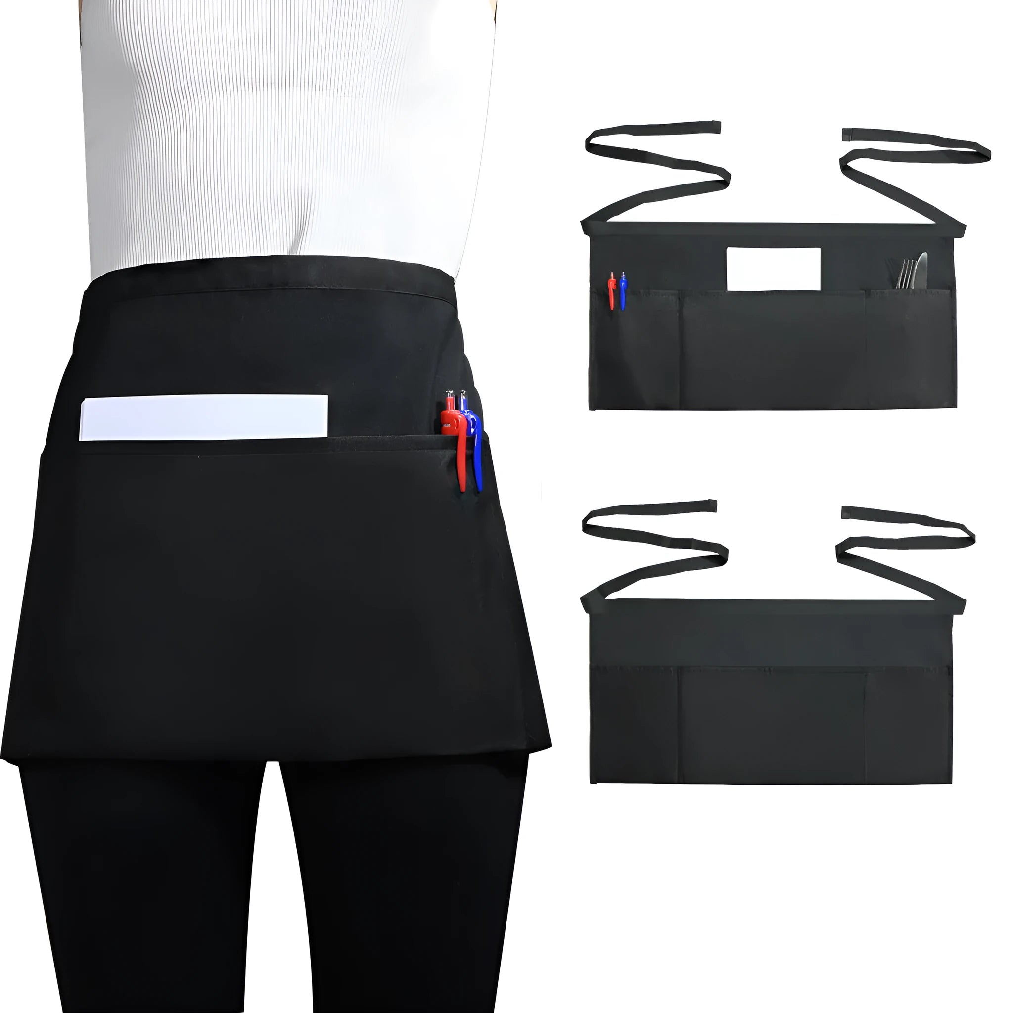 Black waterproof half-length waiter apron 30x60cm polyester kitchen work