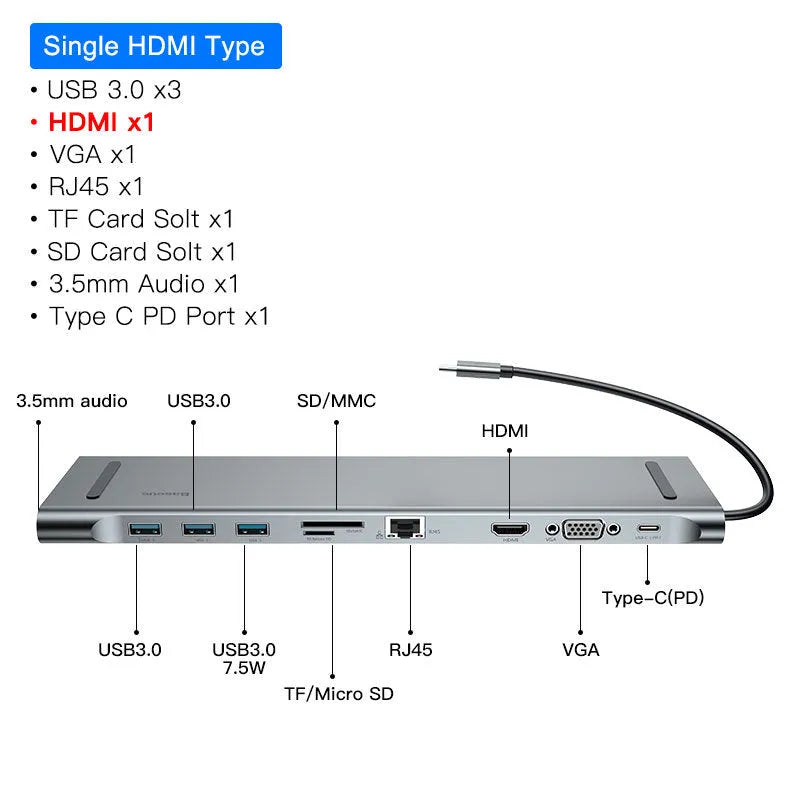 Grey aluminium 10-port docking station hub with cooling bracket for HDMI 4K and USB connectivity
