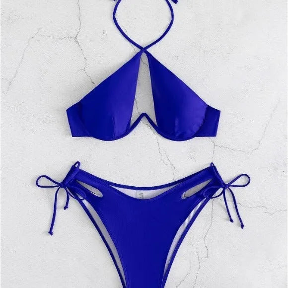 Women's solid colour halter bikini with backless briefs in black, blue, or brown
