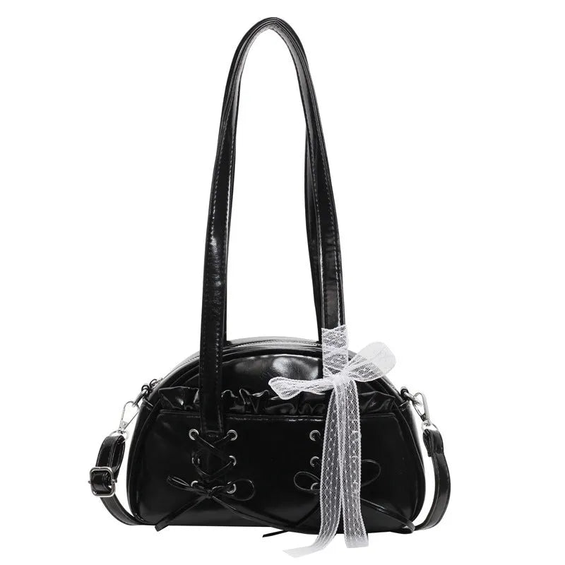 Women's bandage bow design PU leather shoulder handbag with mobile phone compartment in milky white colour