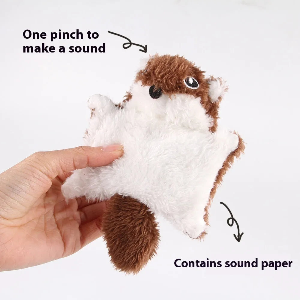 Plush flying squirrel cat teaser toy with ringing paper sound and plastic wand, in brown or gray.