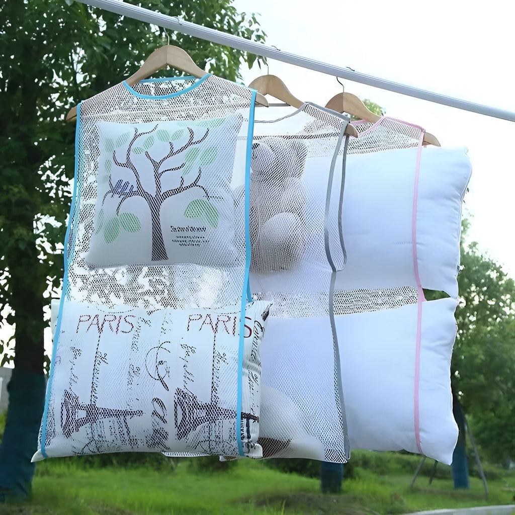Fabric pillow drying hanger with mesh net pocket, windproof, 45x55cm or 43x85cm, white blue grey pink