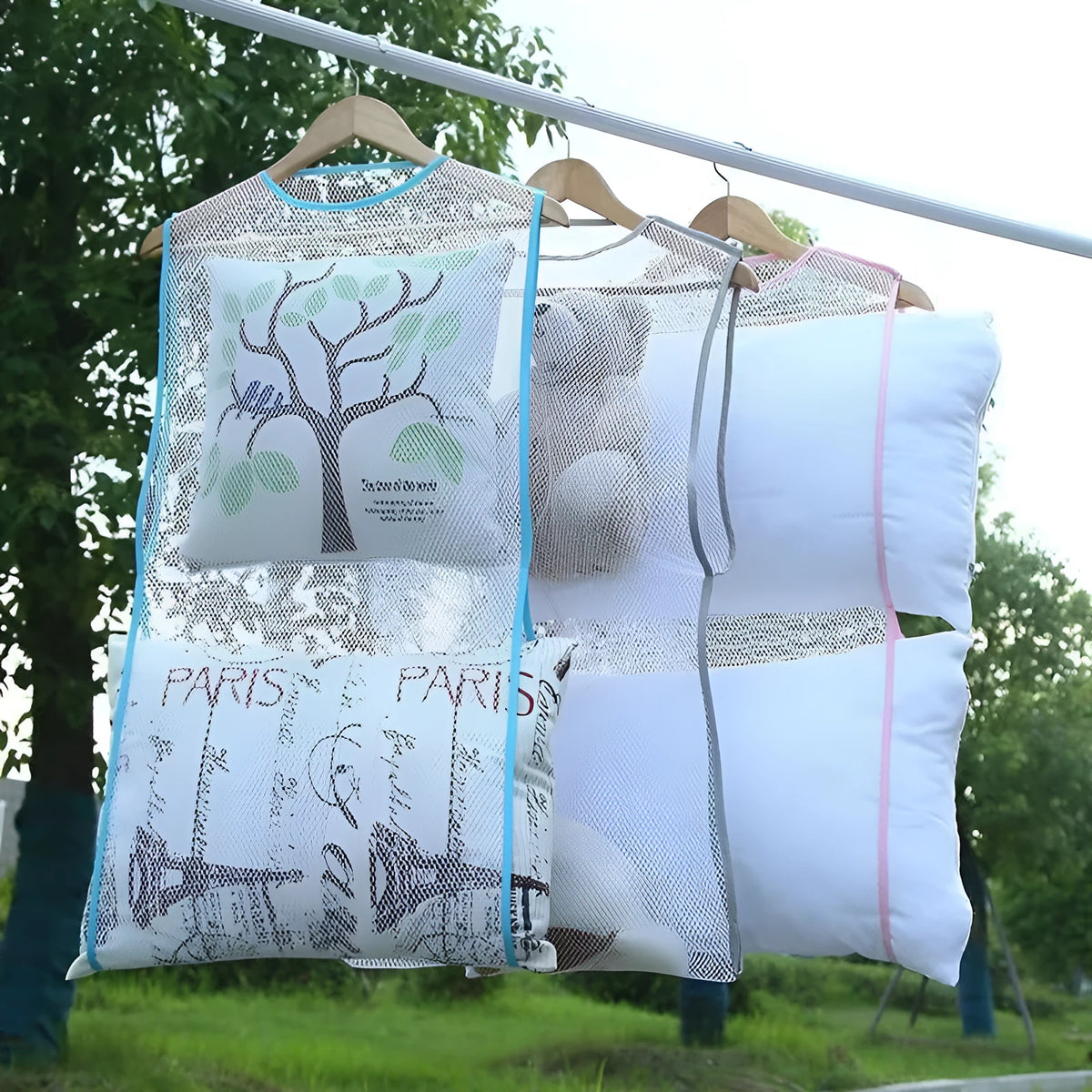 Fabric pillow drying hanger with mesh net pocket, windproof, 45x55cm or 43x85cm, white blue grey pink