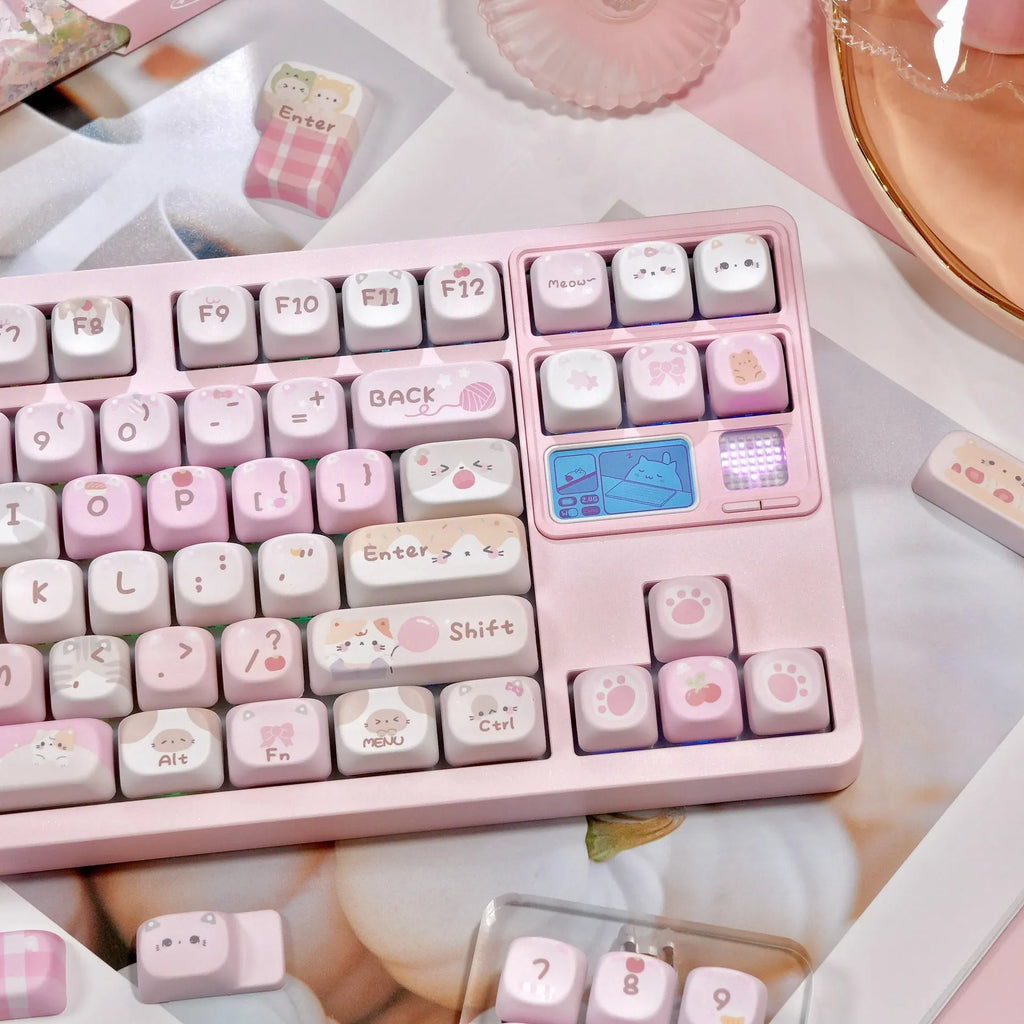 Pink MOA mechanical keyboard keycaps with cartoon design on all five sides via sublimation printing