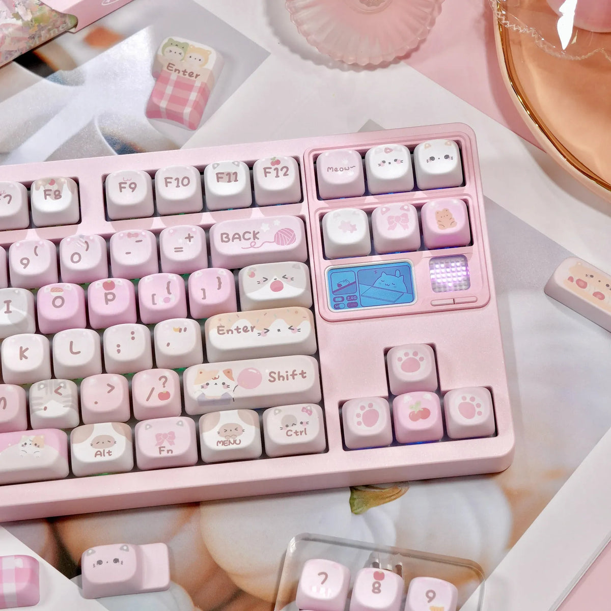 Pink MOA mechanical keyboard keycaps with cartoon design on all five sides via sublimation printing