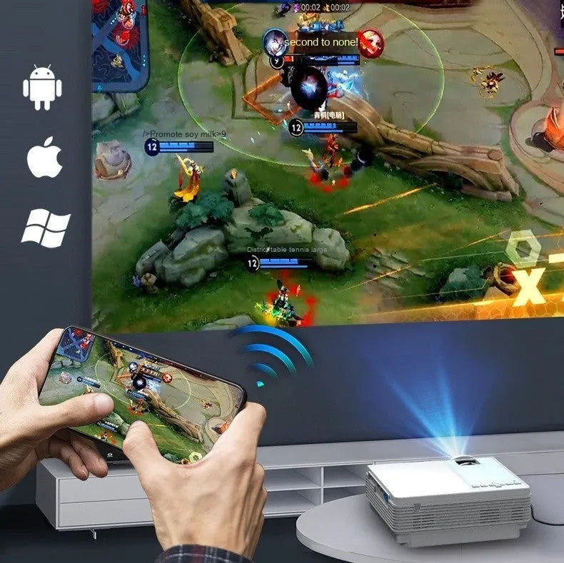 Portable HD projector in white with 1080p resolution and compact 185x199x75mm design
