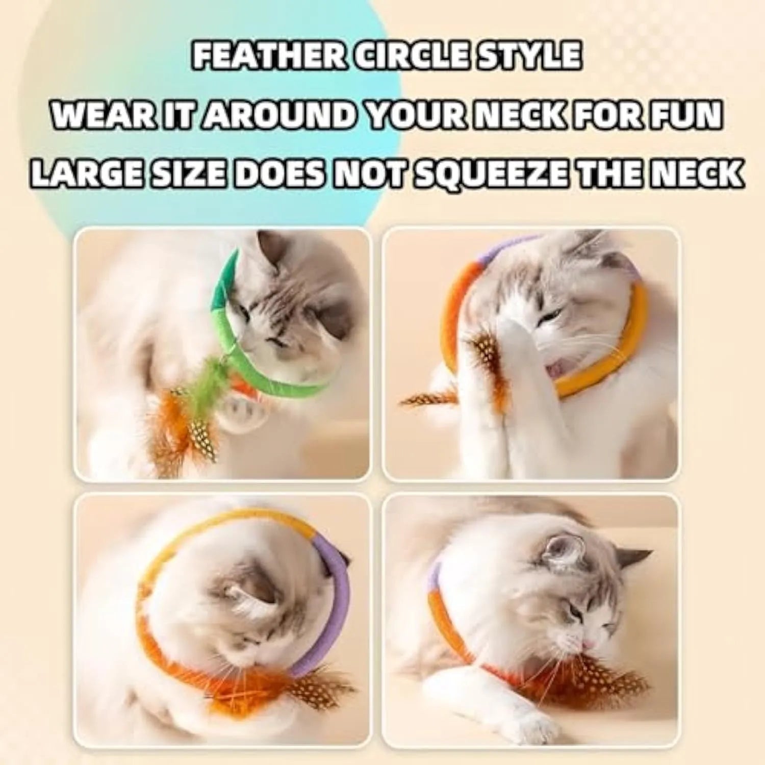 Circular green cotton rope cat toy with white feathers attached on a wooden floor.