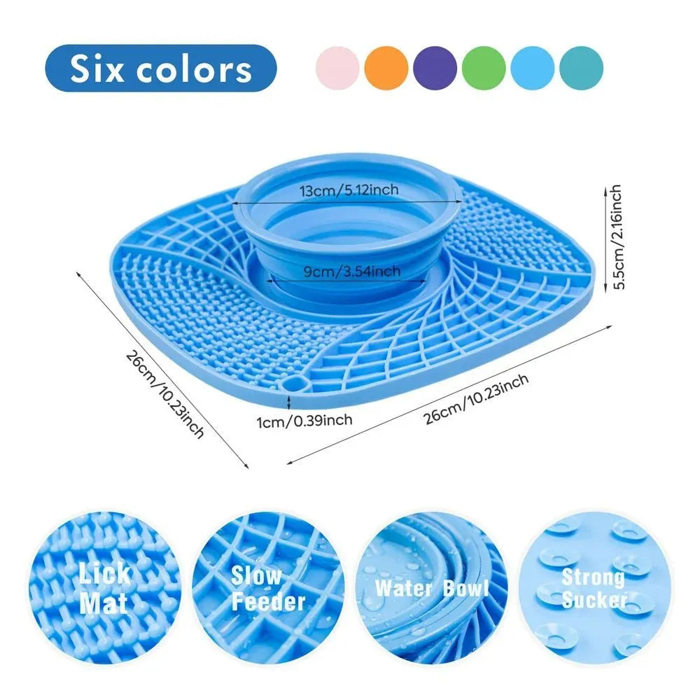Slow feeder dog bowl with non-slip base, anti-gulping puzzle design, in blue dark green green orange pink purple.