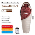 Mummy style goose down sleeping bag with storage bag, shown in snowbird series colour