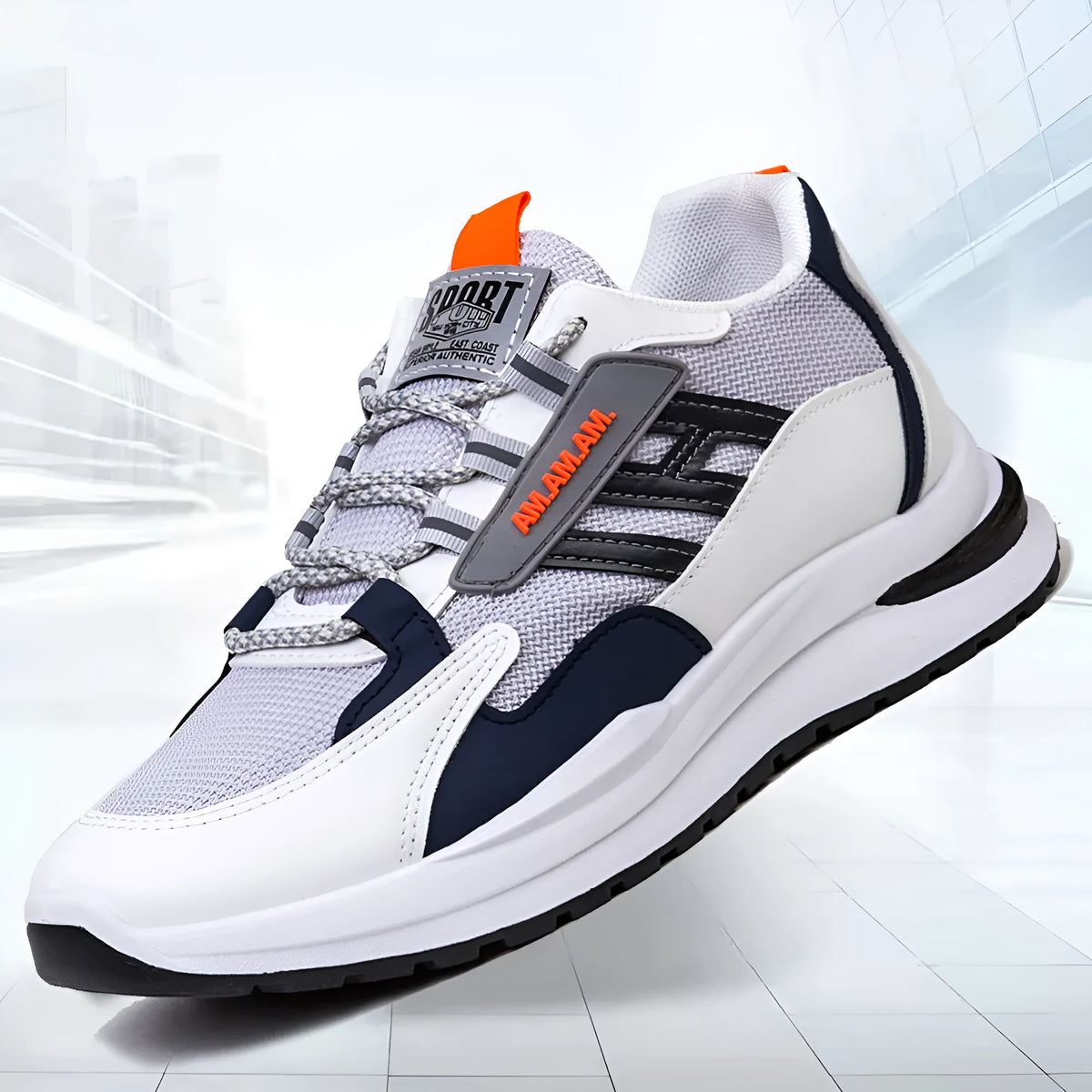Men's sports sneakers in light grey or black with PU and mesh upper, front tie fastening, plastic sole, sizes 39-44