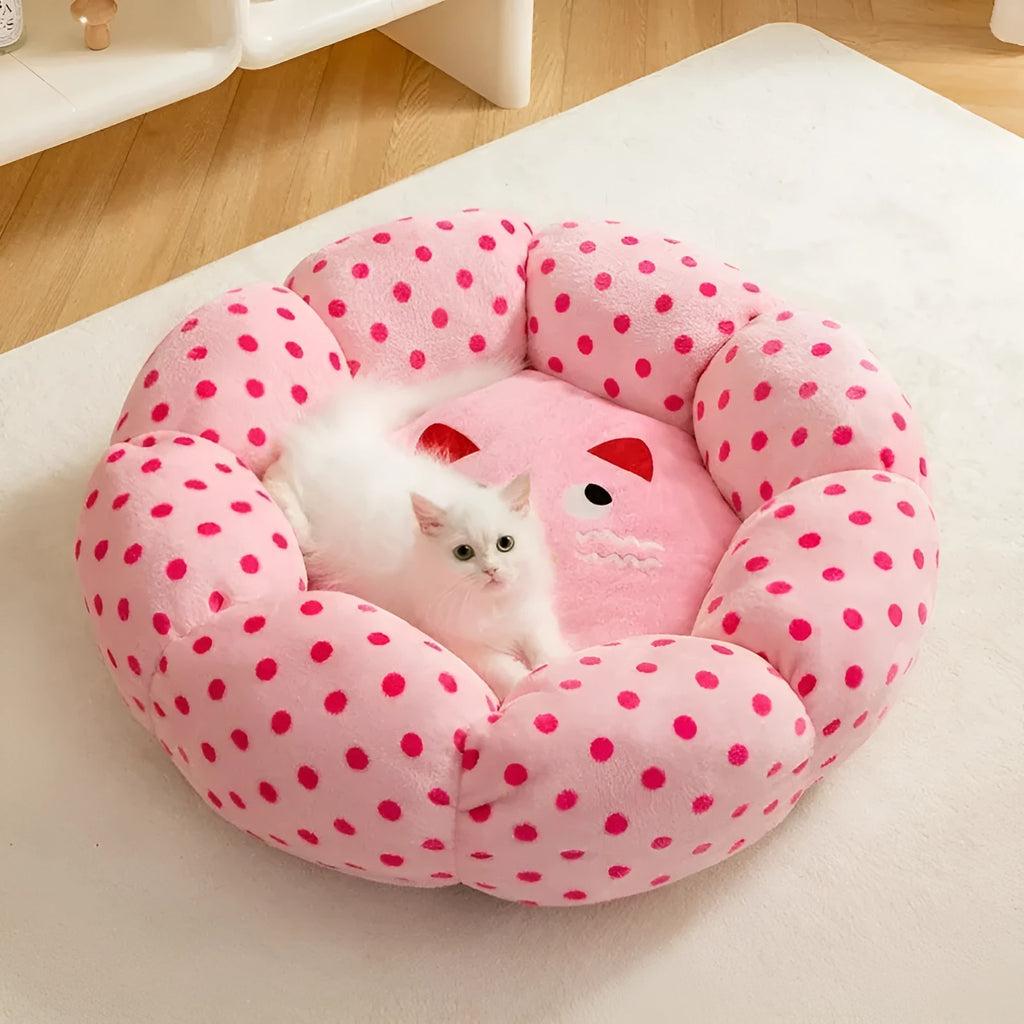 Pink dot fabric cat bed for small and medium sized cats