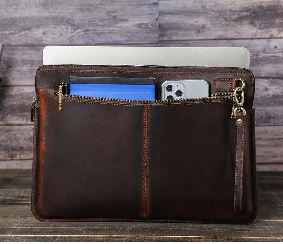 Brown crazy horse leather zipper computer bag for MacBook Pro 15.4 and 16 inch, 390x275x20mm