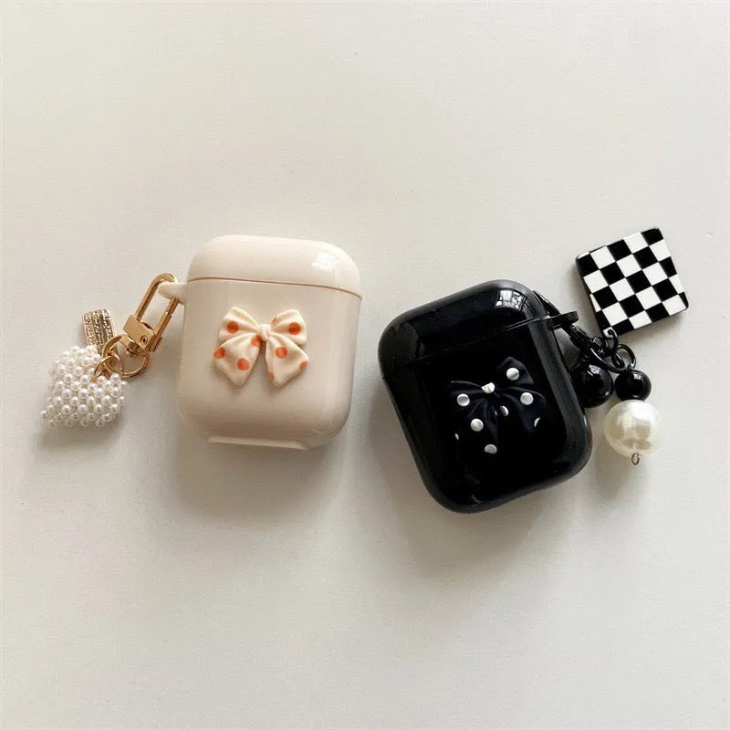 3D bow pearl checkerboard AirPods case cover in black or apricot TPU, handmade clamshell sleeve