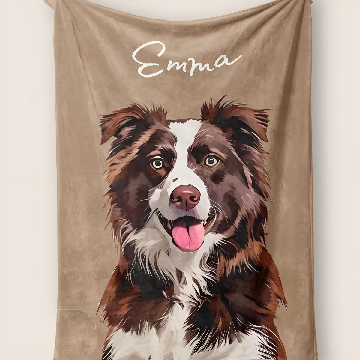 Custom dog pattern flannel blanket in cartoon anime style, available in 125 cm x 150 cm and 150 cm x 200 cm.