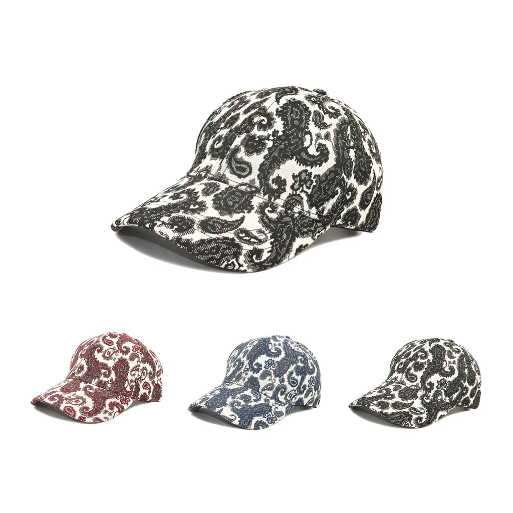Polyester baseball cap with paisley print in black, blue, or wine red, size M for 56-58cm head.
