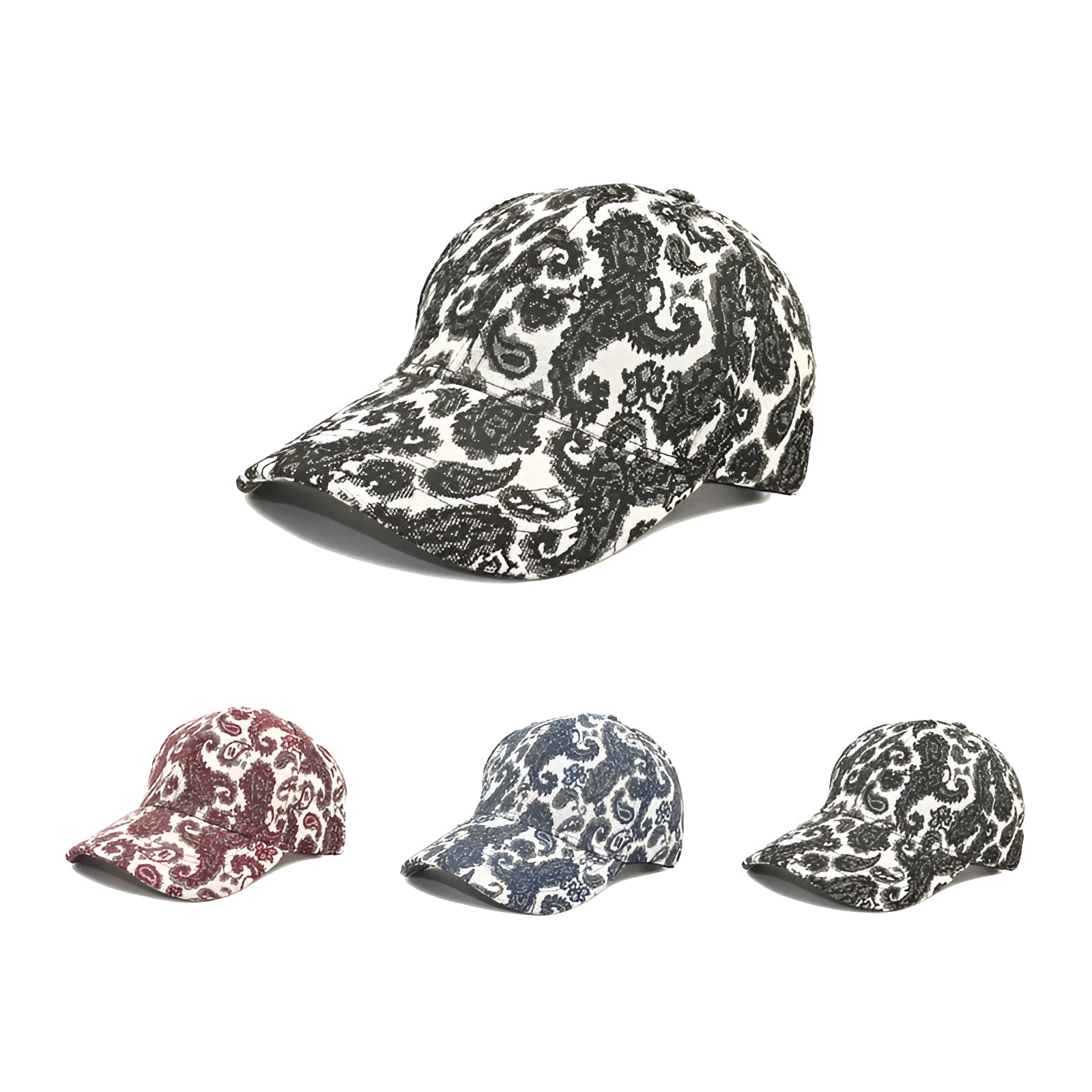 Polyester baseball cap with paisley print in black, blue, or wine red, size M for 56-58cm head.
