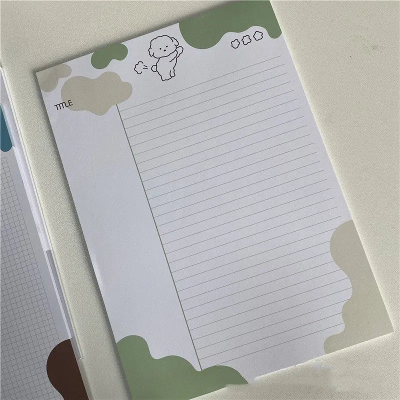 B5 sticky note pad with Korean puppy designs in purple, grey, blue, green, and orange colour options