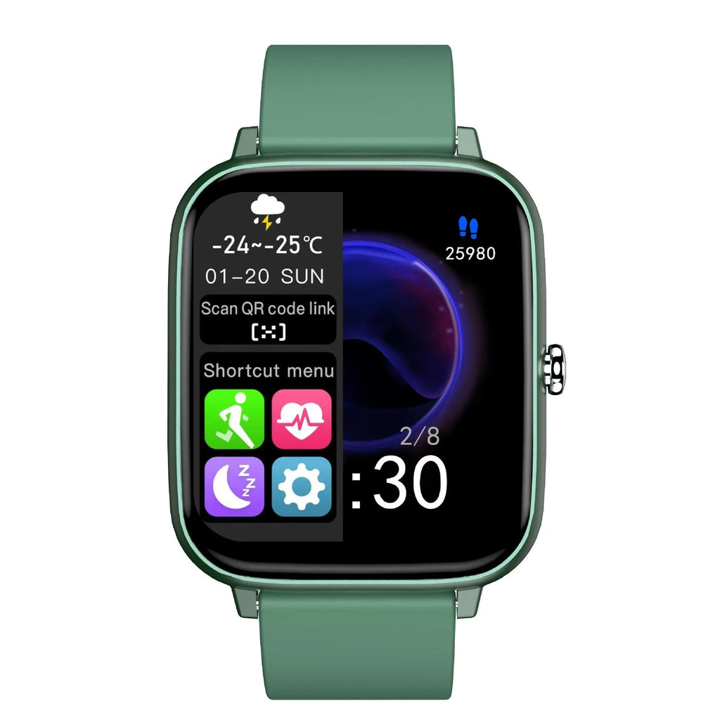 Smartwatch with 1.54-inch full touch screen, TPU wrist strap, Bluetooth calling and music playback, available in black, green, and pink