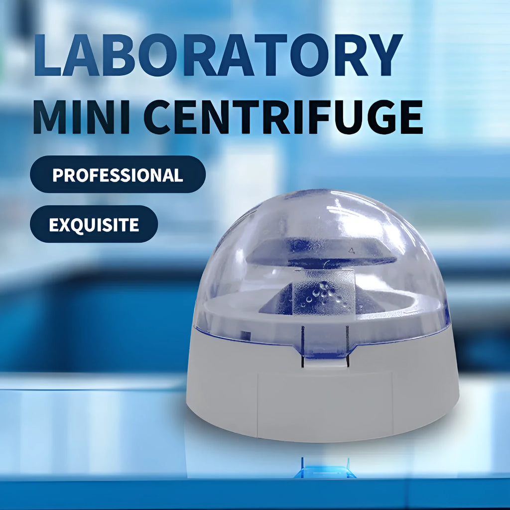 Compact white mini laboratory centrifuge on a bench-top with display showing 7000 rpm.