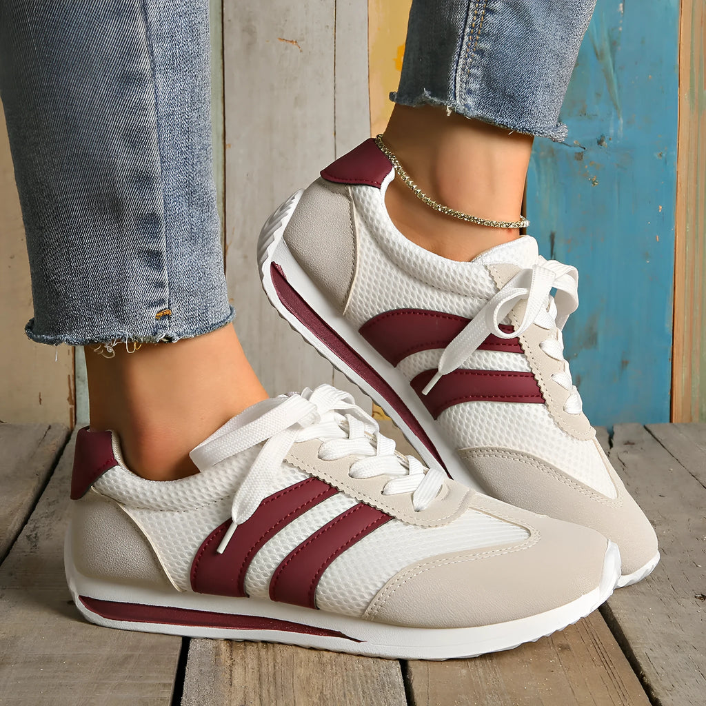 Wine red Cortez retro sneaker with breathable mesh surface and cross straps, low top flat heel, sizes 36-43