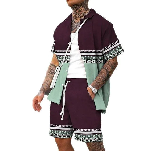Men's wild print short sleeve shirt and shorts set in polyester blend, sizes S to 4XL, summer casual outfit