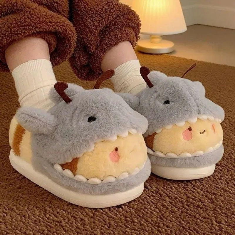 Yellow gray shark and bee cotton slippers for men and women with artificial plush upper, EVA sole, and bag heel for winter home use
