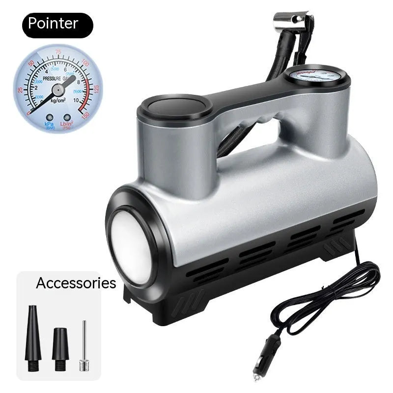 Compact black 12V portable car tyre inflator with digital display and air hose