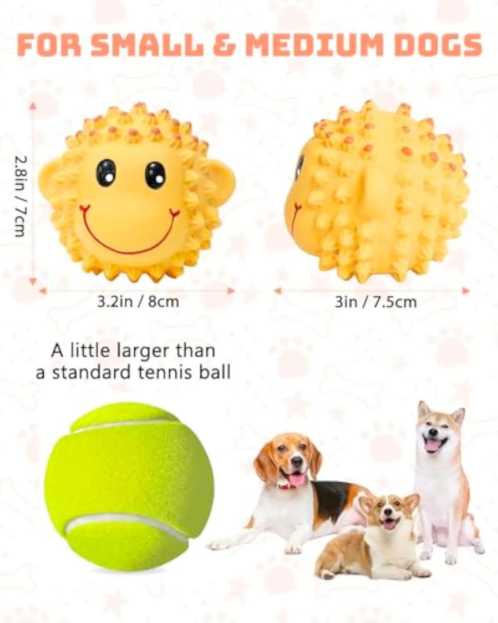 Orange and yellow spiky squeaky dog toy with animal design for small medium breeds