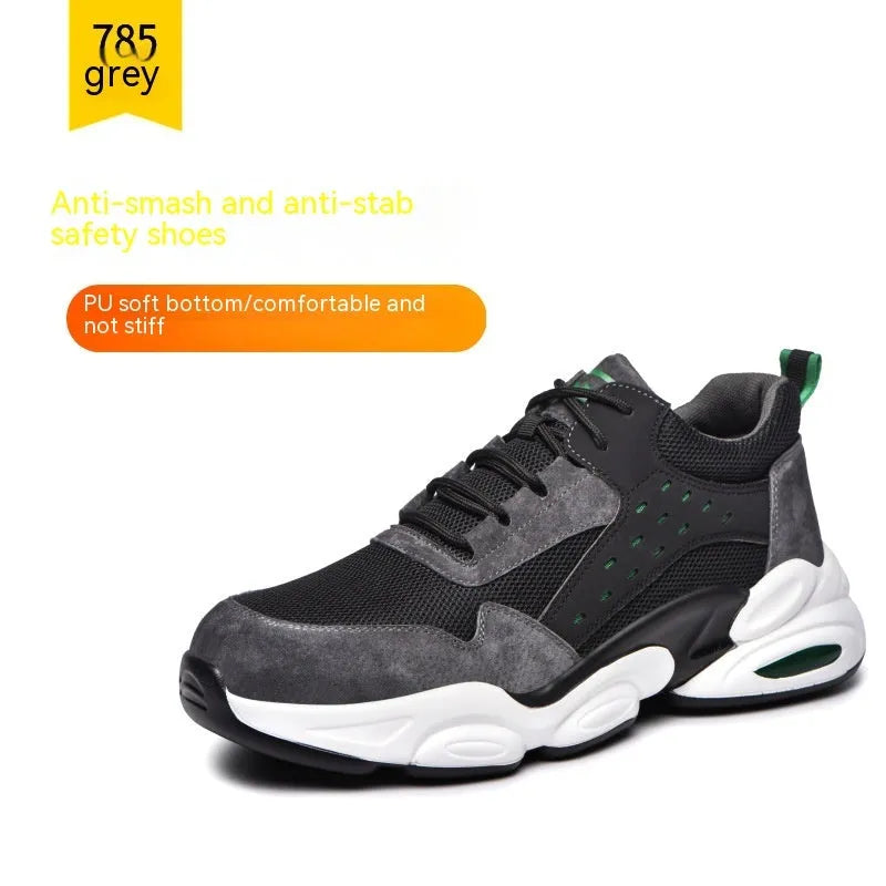 Mesh breathable PU soft sole labour safety shoes with anti-smash anti-puncture protection in black colour