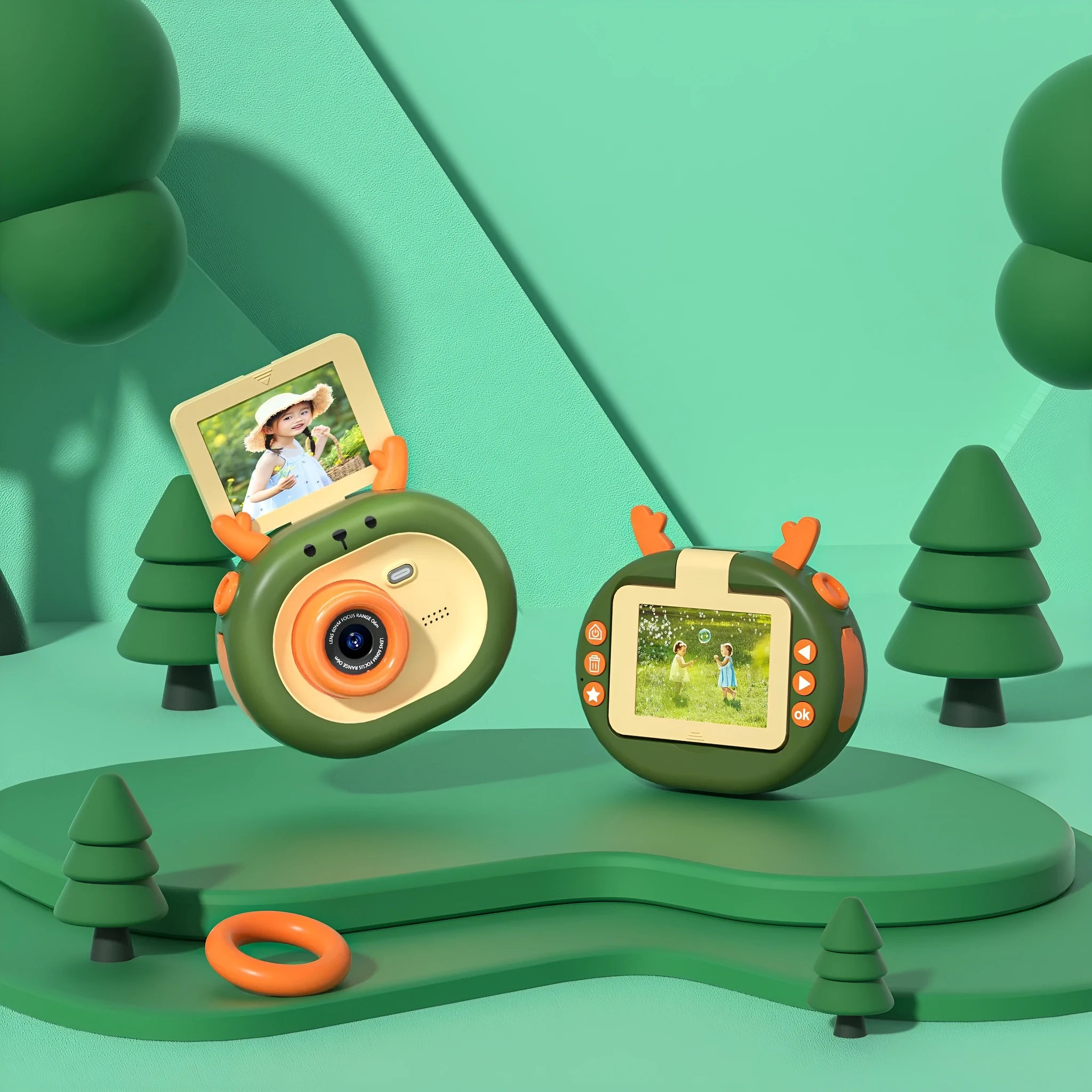 Purple and dark green children's digital camera with flip screen, silicone case lanyard, and USB cable
