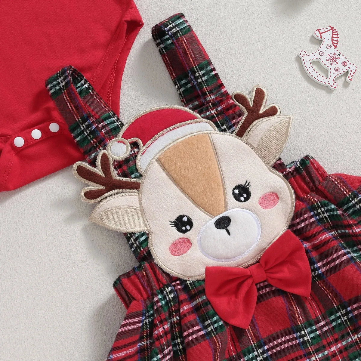 Red Christmas baby girl set with jumpsuit, skirt and headband in sizes 0-3 to 12-18 months