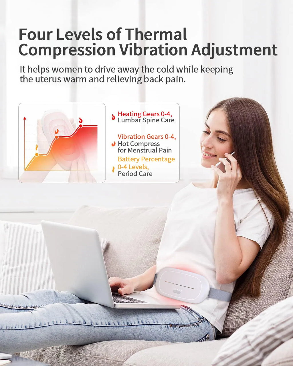 White portable uterine warming device with adjustable strap on a grey background