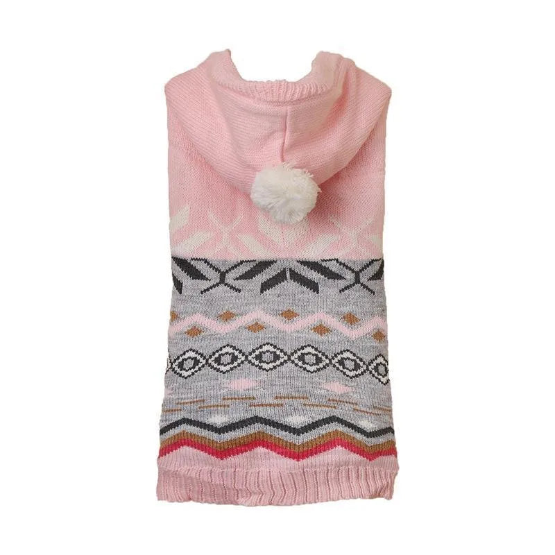 Blue diamond pattern acrylic knitted dog sweater laid flat, showing pullover neck and textured knit.