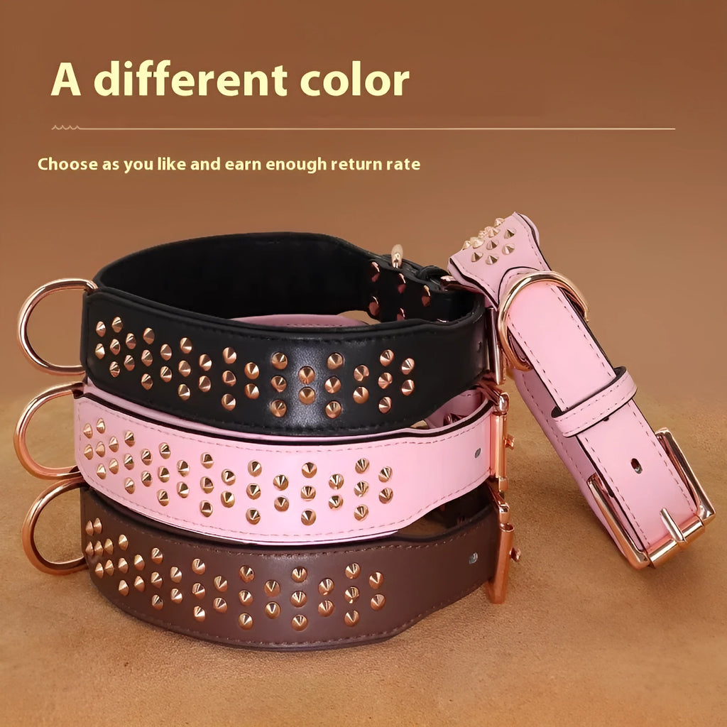 Leather dog collar with anti-bite rivets in black, chocolate, or pink colours