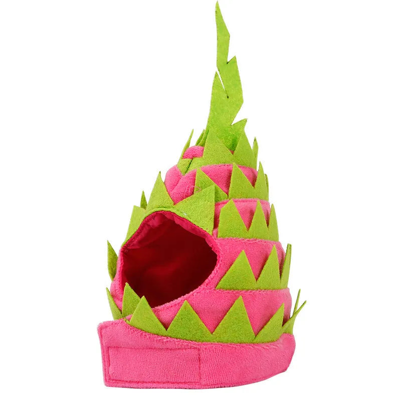 Pitaya fruit design pet hat in pink green for cats and dogs, size L, velvet felt and nylon, 28-42cm neck
