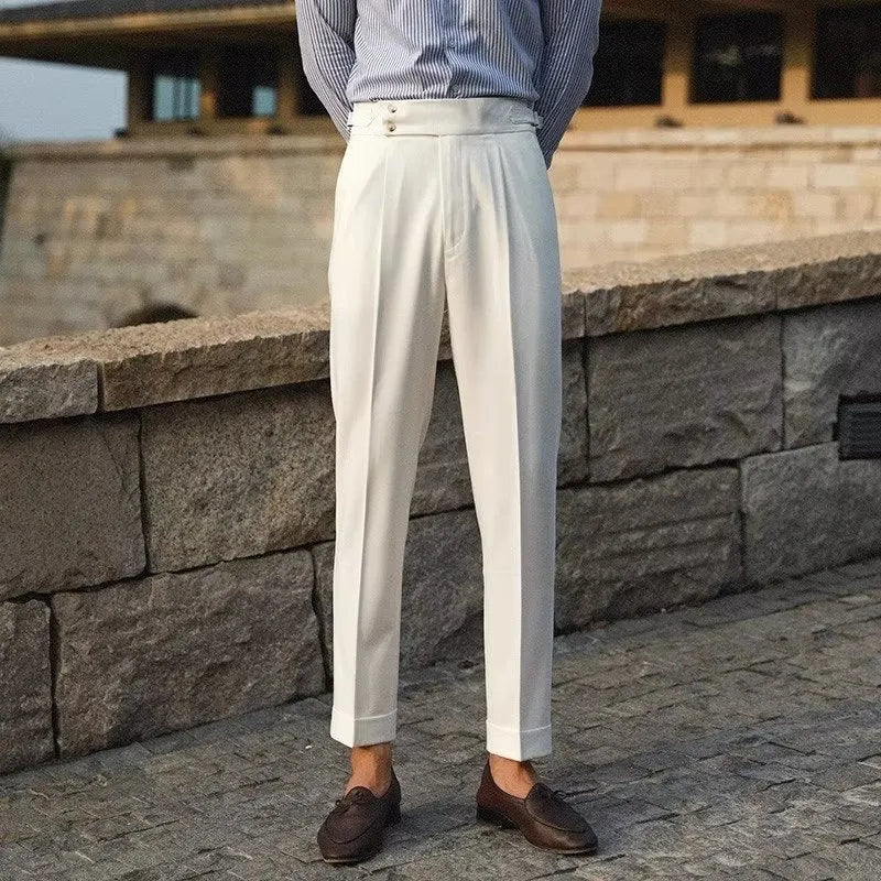 Men's slim-fit formal trousers in polyester-blend fabric available in black, white and apricot colours