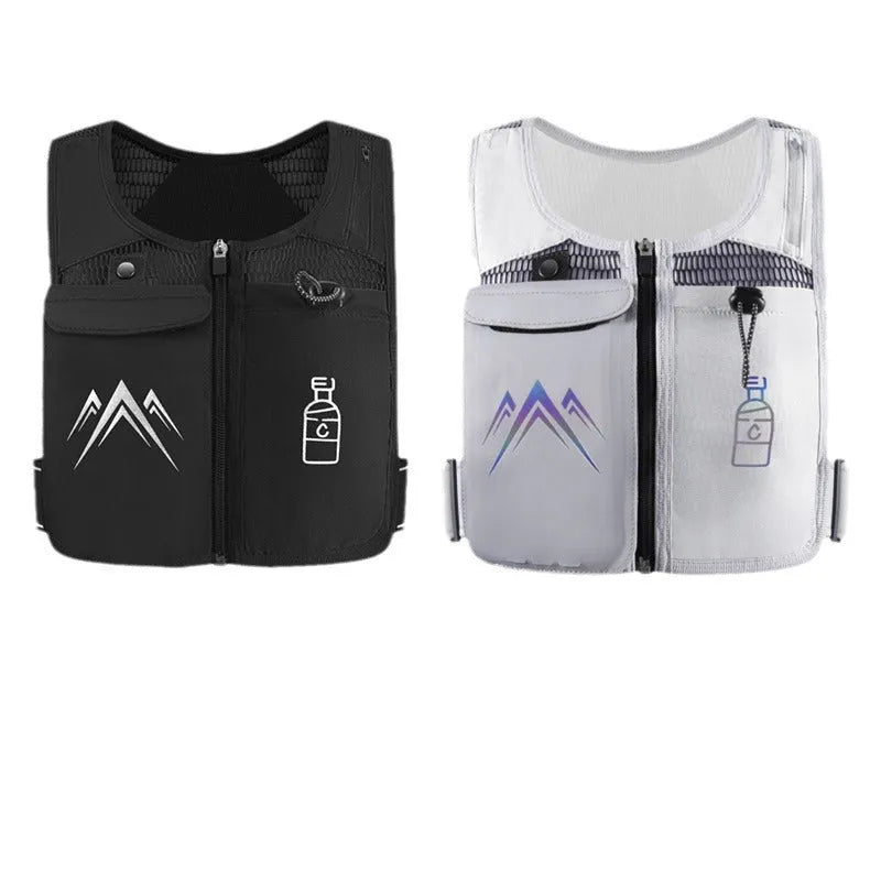 Breathable mesh running vest with integrated phone compartment showing front and back views