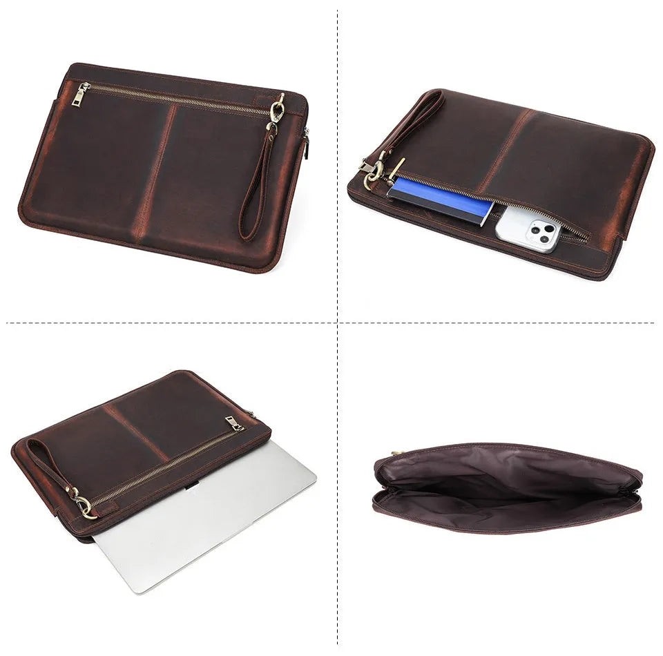 Brown crazy horse leather zipper computer bag for MacBook Pro 15.4 and 16 inch, 390x275x20mm