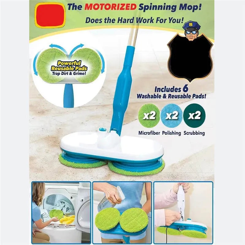Wireless electric floor cleaning mop with multiple washable microfiber, polishing, and scrubbing pads