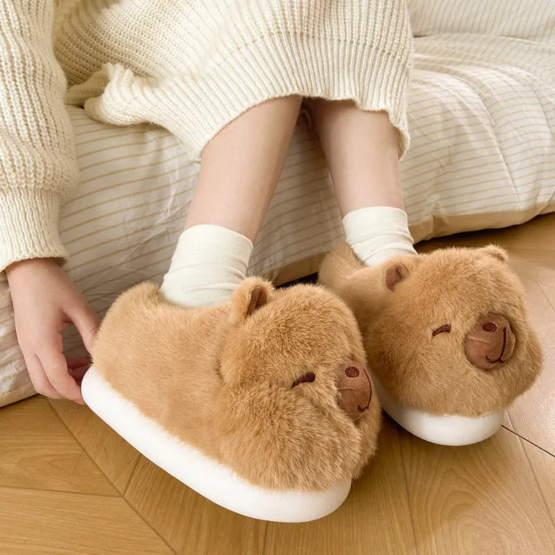 Light brown women's winter slippers with cartoon pattern and artificial wool lining