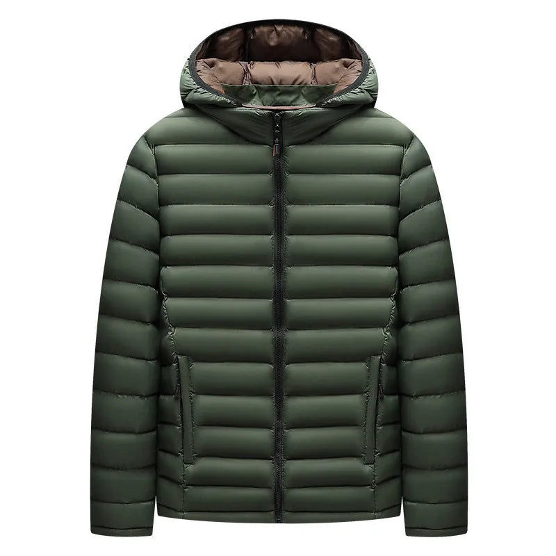 Men's black hooded lightweight down jacket with detachable collar and zipper pockets