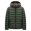 Men's black hooded lightweight down jacket with detachable collar and zipper pockets